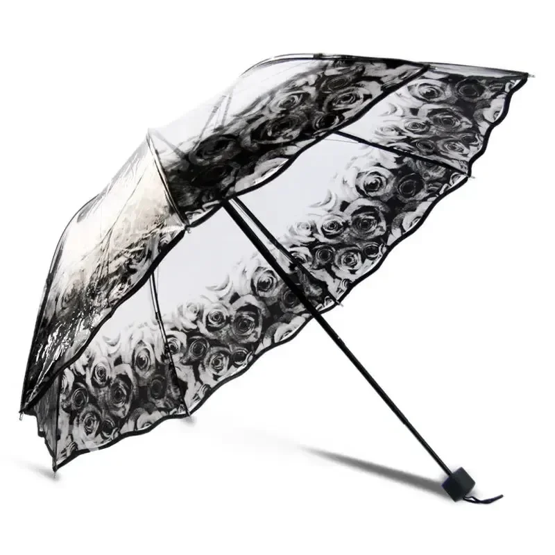 Women Transparent Umbrellas for Protect Against Wind and Rain Clear 3 Fold Umbrella Clear Field Household Rain Gear