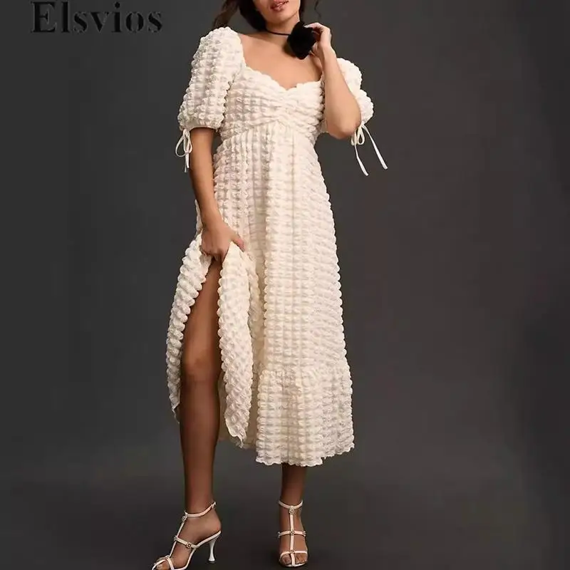 

Women Chic Short Sleeve Ruffle Loose Party Dress Elegant Waist Pleat Long Dress French 2024 Square Collar Lattice Retro Dress