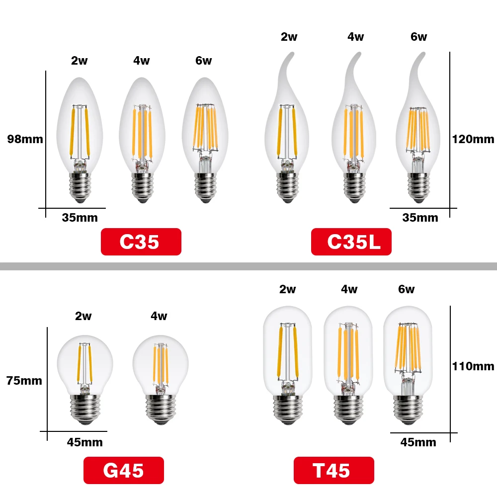 레트로 LED 에디슨 전구, 가정용 LED 필라멘트 전구 램프, 빈티지 유리 전구, 촛불 조명, E27 E14, AC220V, G45, A60, ST64, G80, 10 개/로트