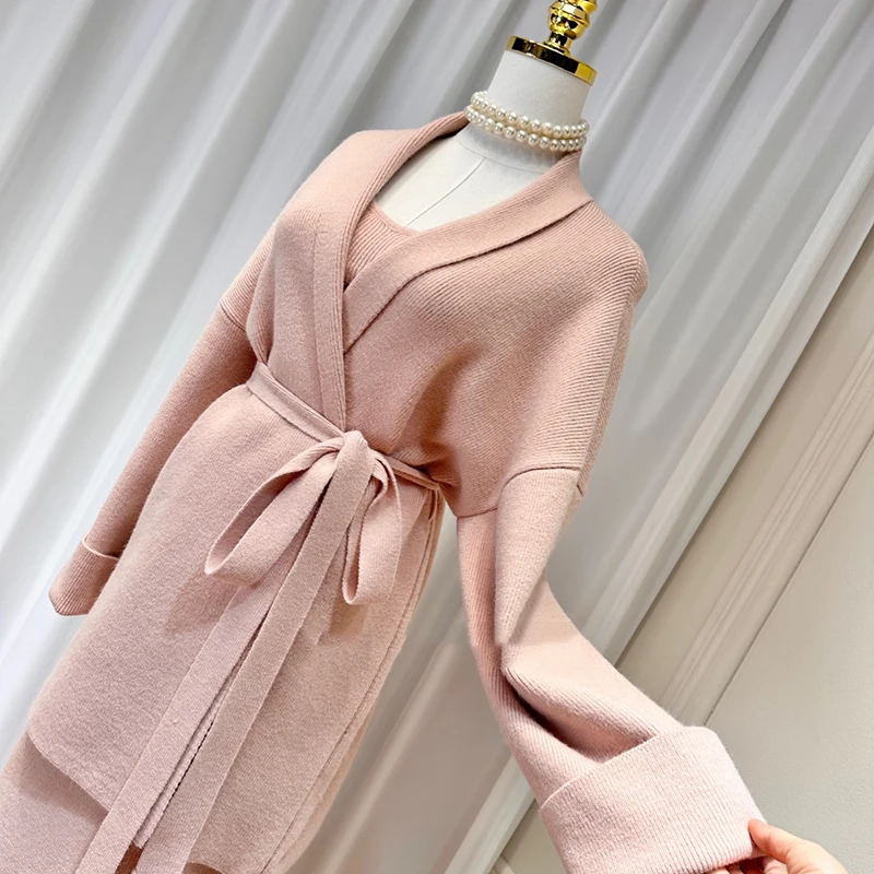 KBQ Solid Three Piece Sets for Women V Neck Short Vest High Waist A Line Long Skirts Cardigan Jacket Sweater Elegant Set Female