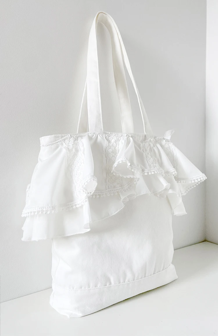 

Sweet Lady Should Bags with Exquisite Lace Solild White Lilied Tote Bag Summer Shopper