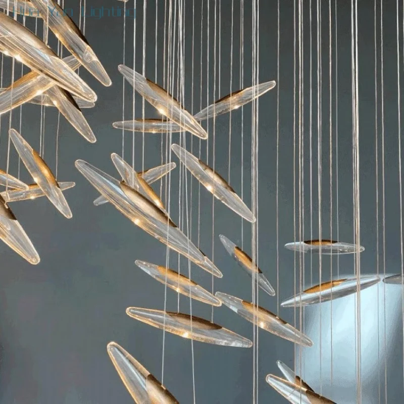 

Villa Duplex Living Room Crystal Chandelier Modern Simple Spiral Fish Loft Apartment Lift Empty Stairs Long Hanging Lighting