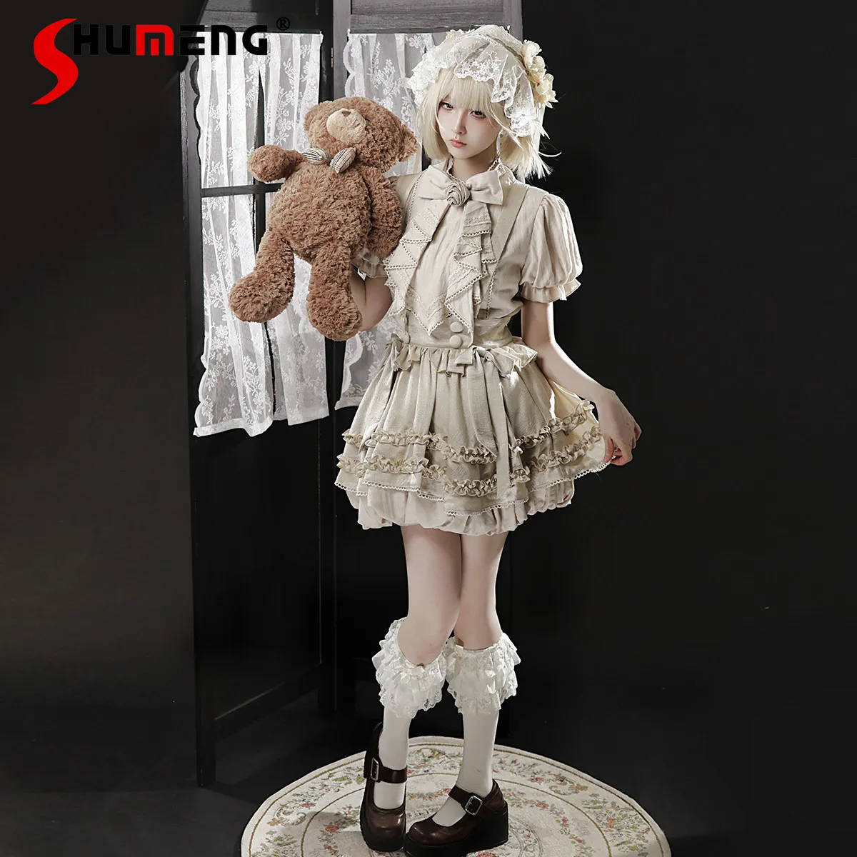 

Original Vintage Lolita Strap Skirt and Shirt 2-piece Set Spring Summer New Women's Slim-Fit Short Sleeve Shirt Skirt Outfit