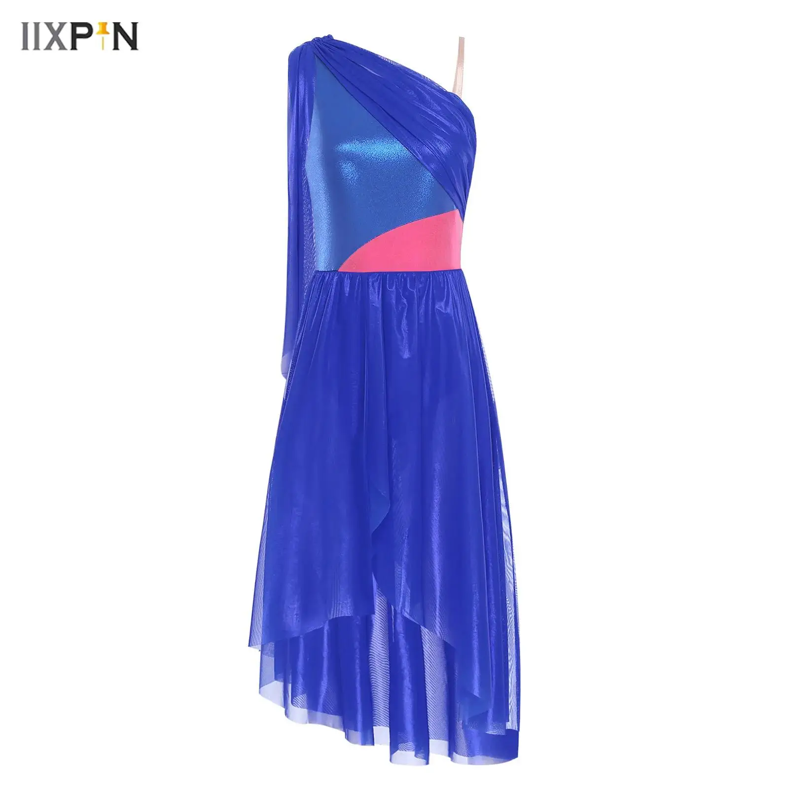 

Womens Contemporary Lyrical Dance Costume Sleeveless Ruffled Drape Metallic Color Block Bodice Asymmetrical Split Tulle Dress