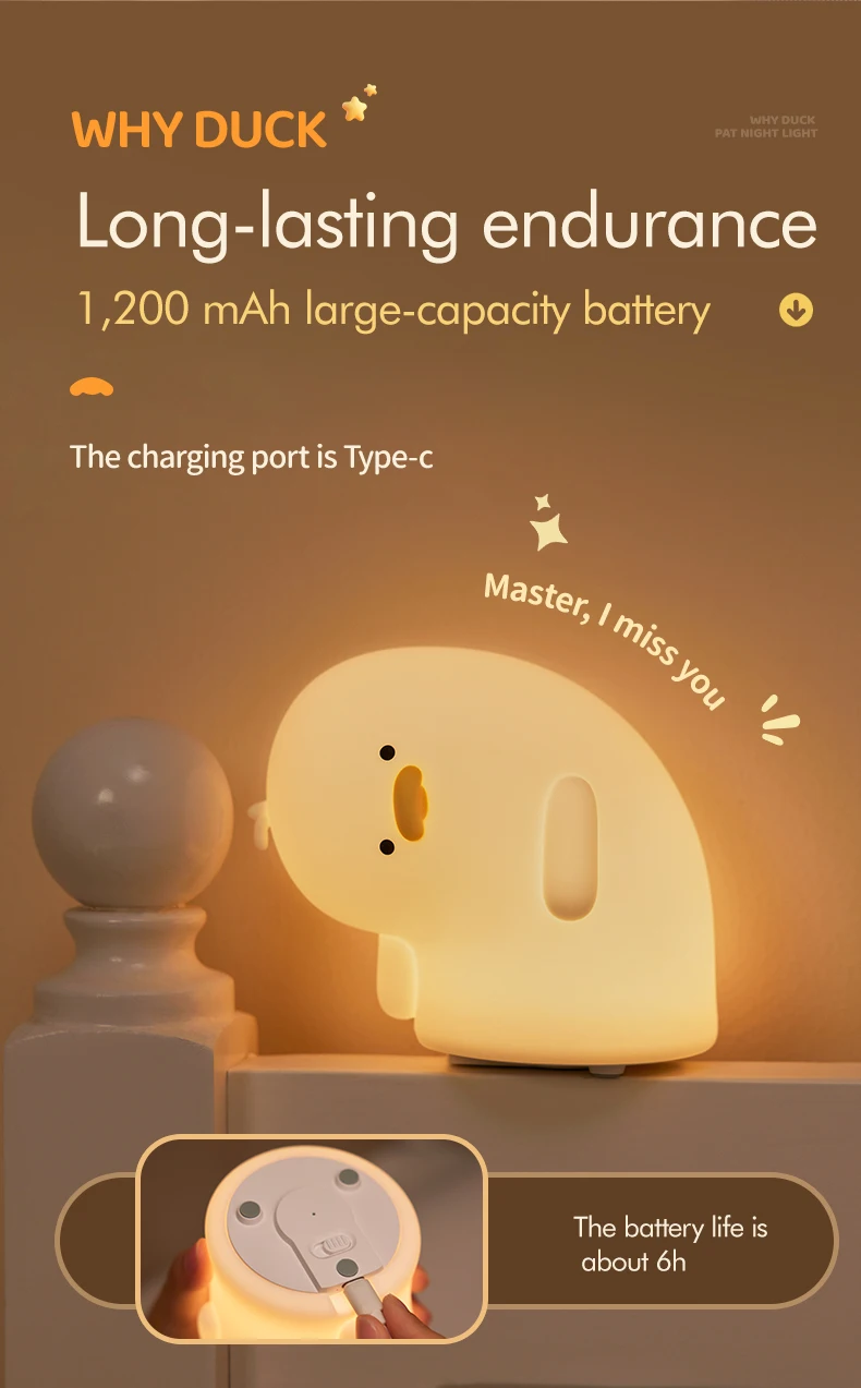 Rechargeable LED Night Light Duck Patting Silicone Lamp Cute Children Nightlights for Home Bedside Room Decor Birthday Gift