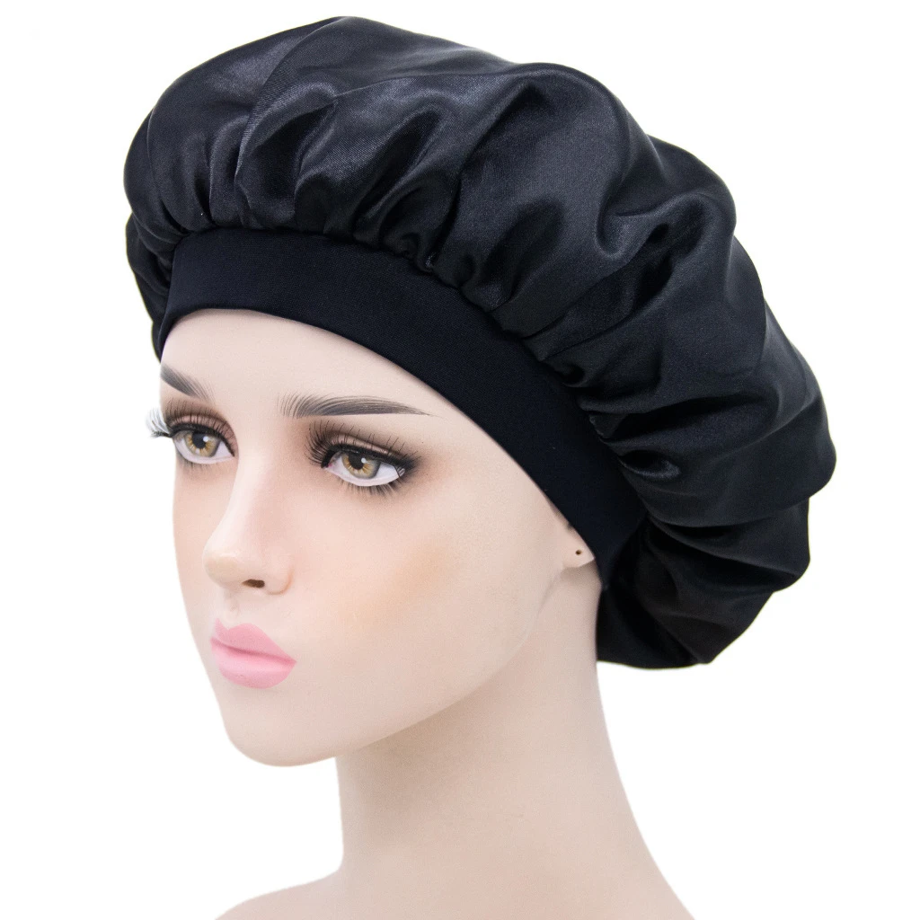 Unisex Imitation Silk Sleeping Hat Black Wine Navy Elastic Narrow Head Satin Bonnet Night Sleeping Shower Cap Hair Styling Tool