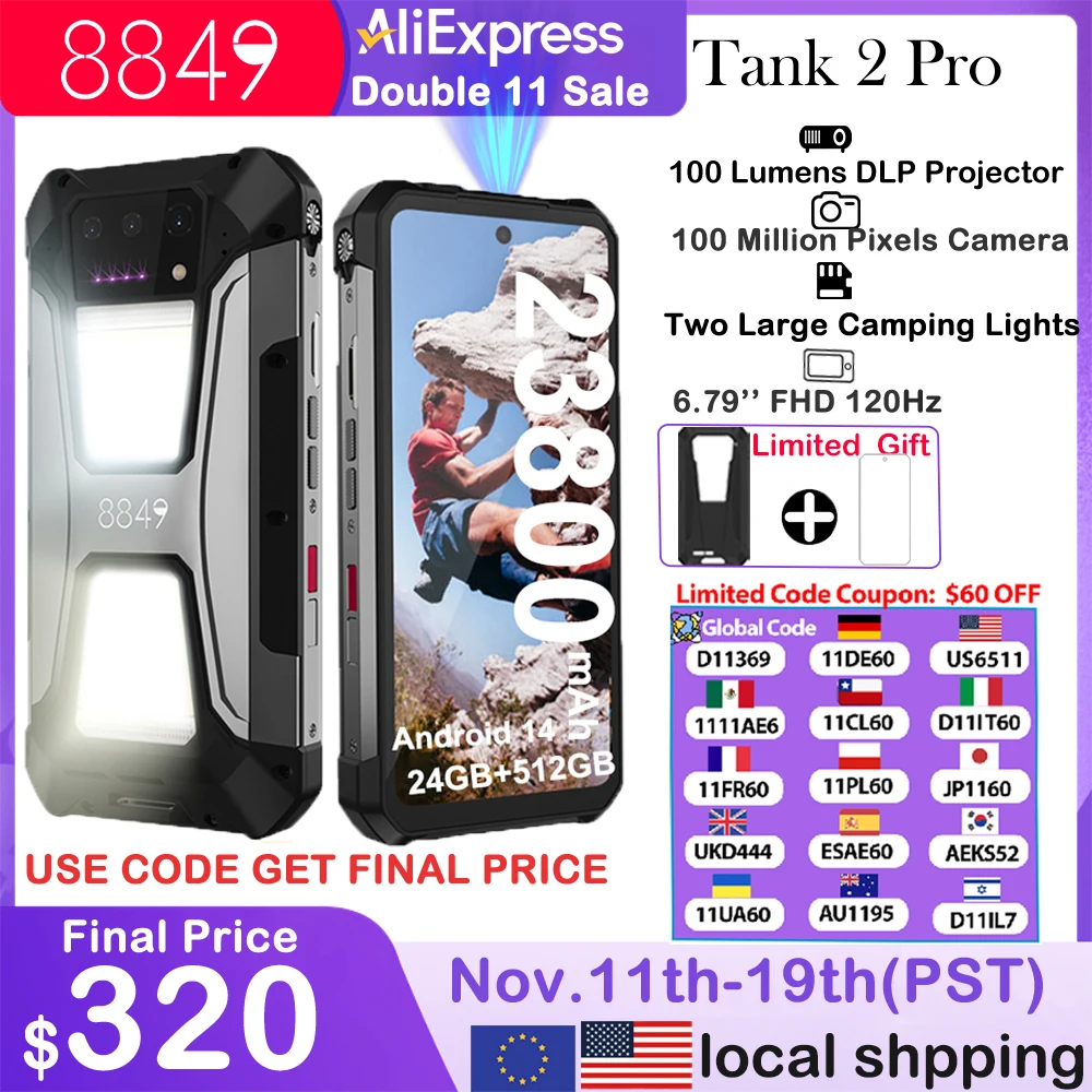 

Прочный смартфон 8849 Tank 2 PRO с проектором, 6,79 дюйма, дисплей 2,4K, 24 ГБ, 512 ГБ, мобильный телефон, 23800 мАч, 120 Вт, Android 14 телефона