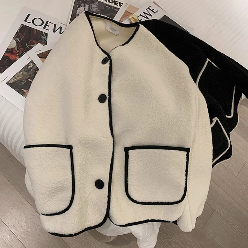 Khaki O-neck Lambhair Coat women\'s Autumn Winter New Korean Style Loose Long Sleeved Outwear Single Breasted Warm Short Top