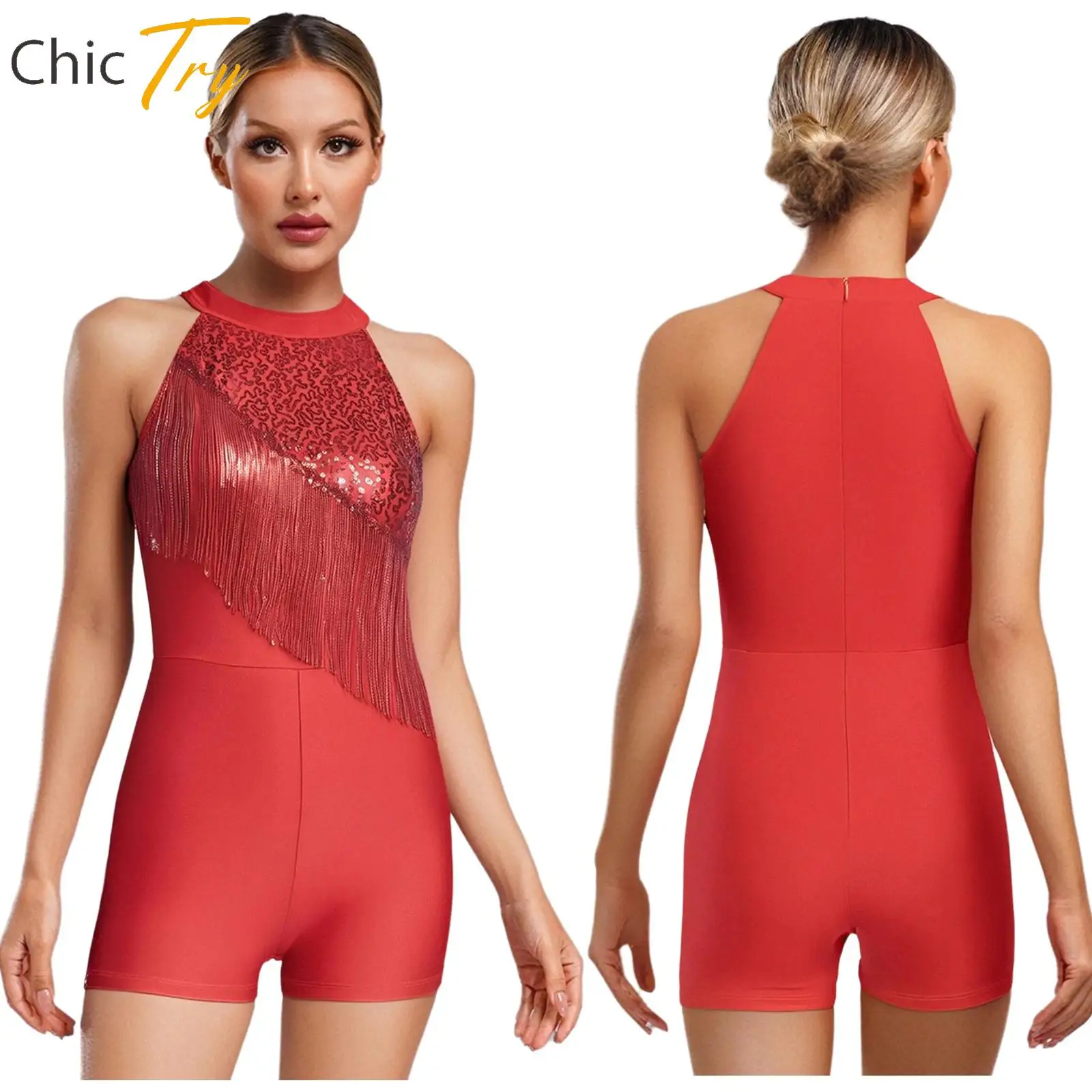 

Sparkly Sequin Tassel Rompers Womens Sleeveless Latin Chacha Spanish Dance Costume Chest Fringe Boylegs Shorts Bodysuit Jumpsuit