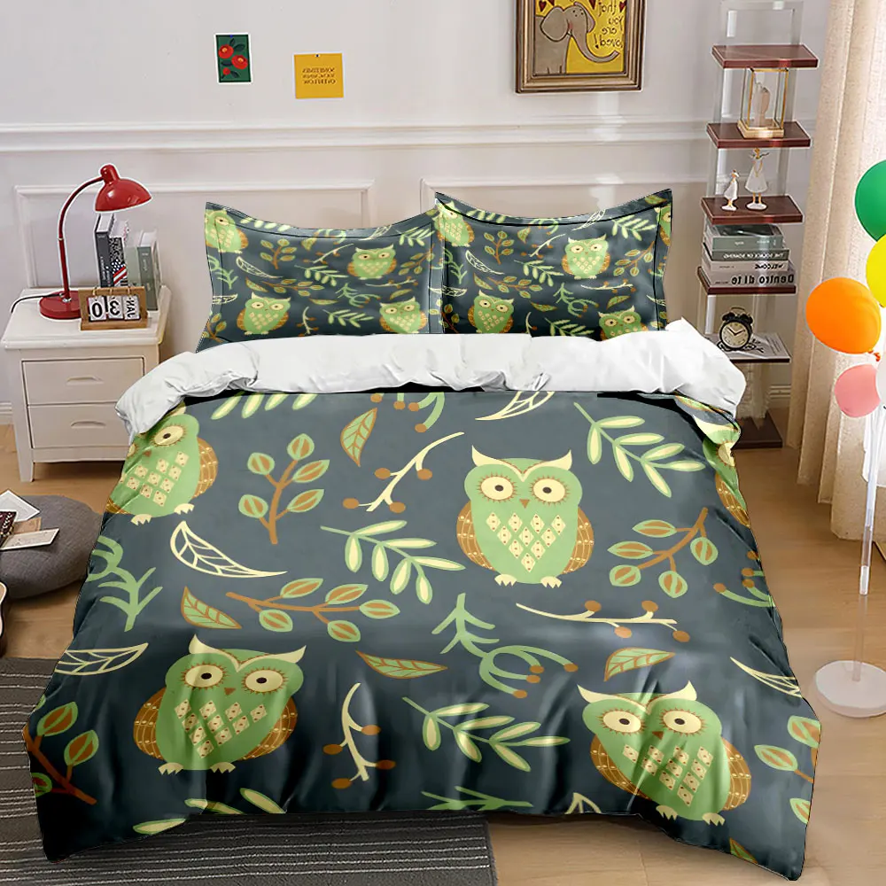 Vintage owl and foliage Pattern Duvet Cover Set Digital Print Colorful Polyester Bedding with Zipper Closur for kids gifts