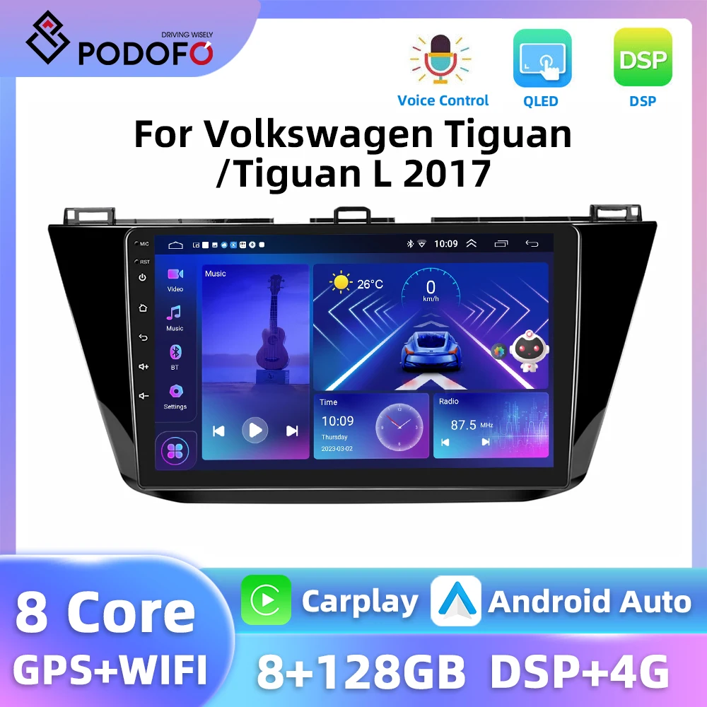 Podofo 10.1'' 8+128G Car Radio For Volkswagen Tiguan/Tiguan L 2017 Multimedia Player Carplay Android Auto GPS Navigation WIFI 4G