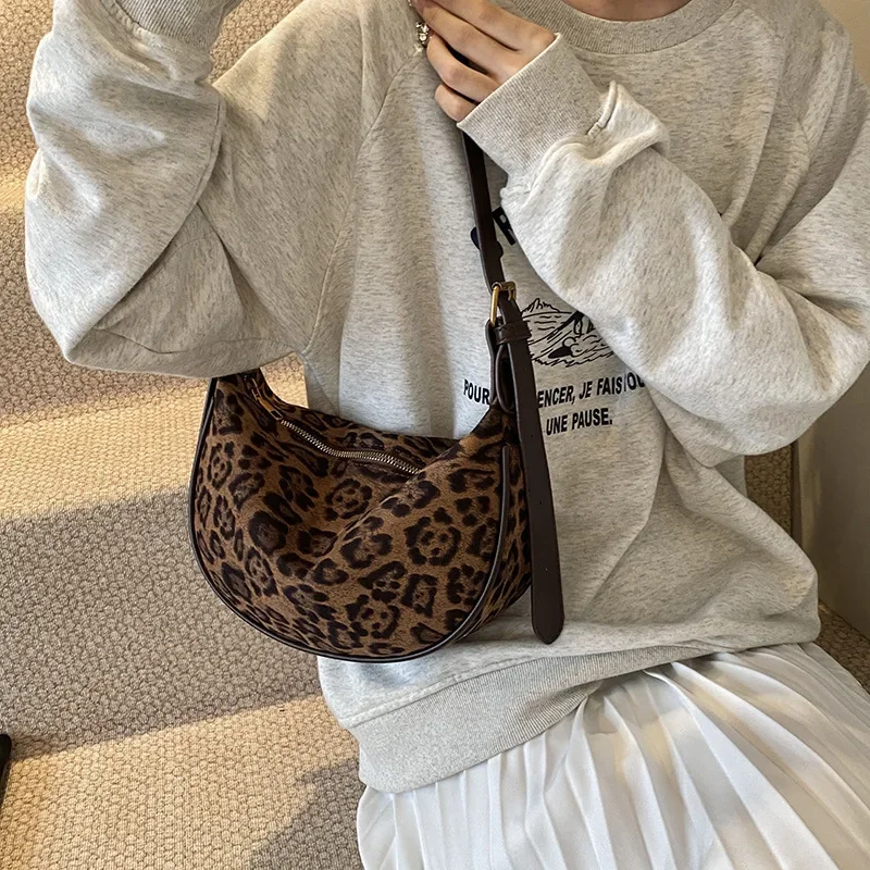 Bolsa de axila com estampa de leopardo, bolsa de ombro feminina, retrô, camurça fosca, bolsa crossbody para mulheres, bolsas de grife, bolsa e bolsas