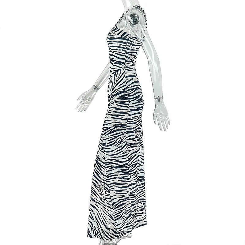 Damen Zebra-Print Bodycon Maxikleid mit Kreuzträgern, Neckholder, Ärmellos, Rückenfrei, Figurbetont, Langes Partykleid, Nachtclub-Streetwear – Detail 8