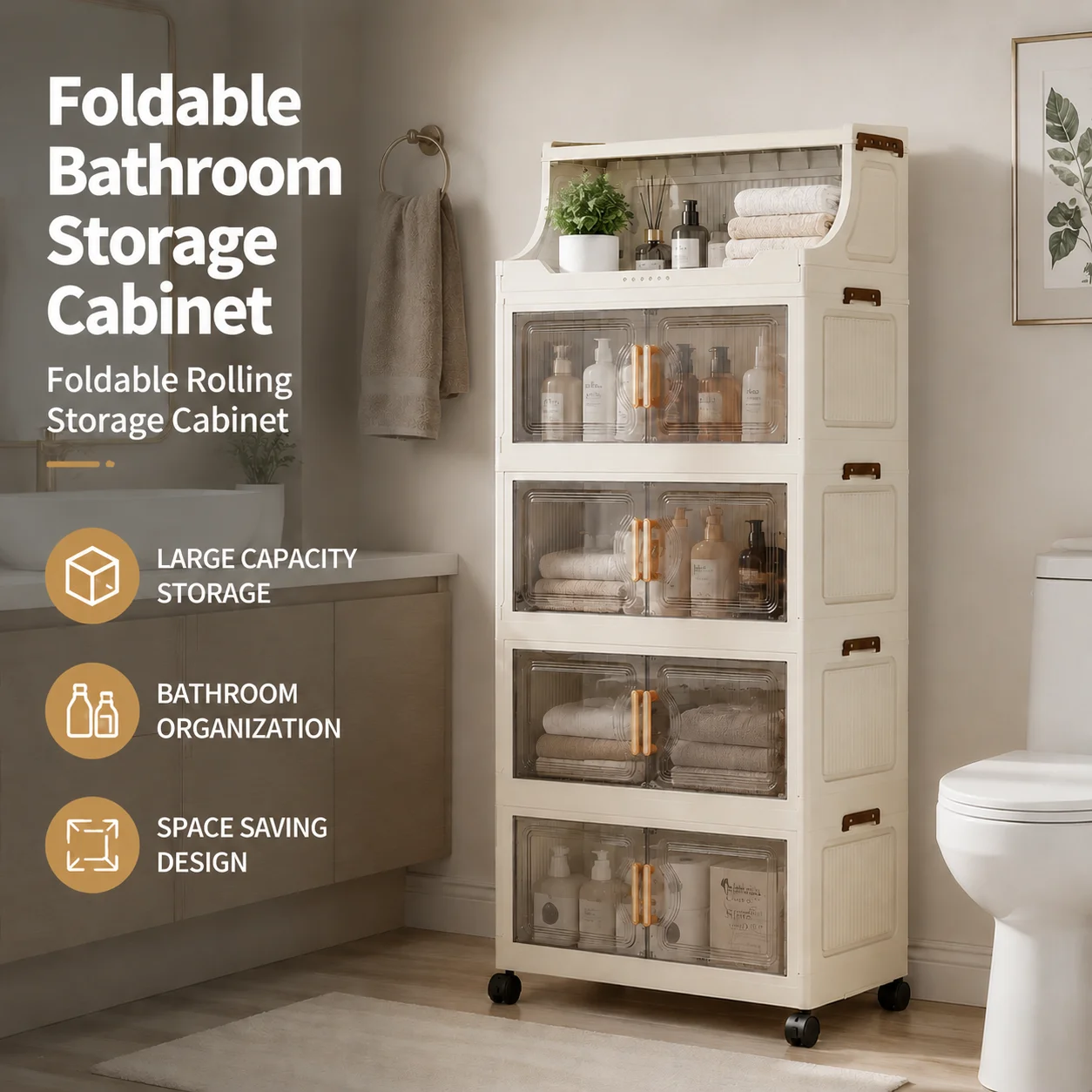Foldable Rolling Storage Cabinet with Transparent Doors, No Tool Assembly Fold Flat Plastic Storage Organizer with 360° Wheels, Renter Friendly Storage Cart for Bathroom Kitchen Bedroom, 2/4/5/6 Layers Optional