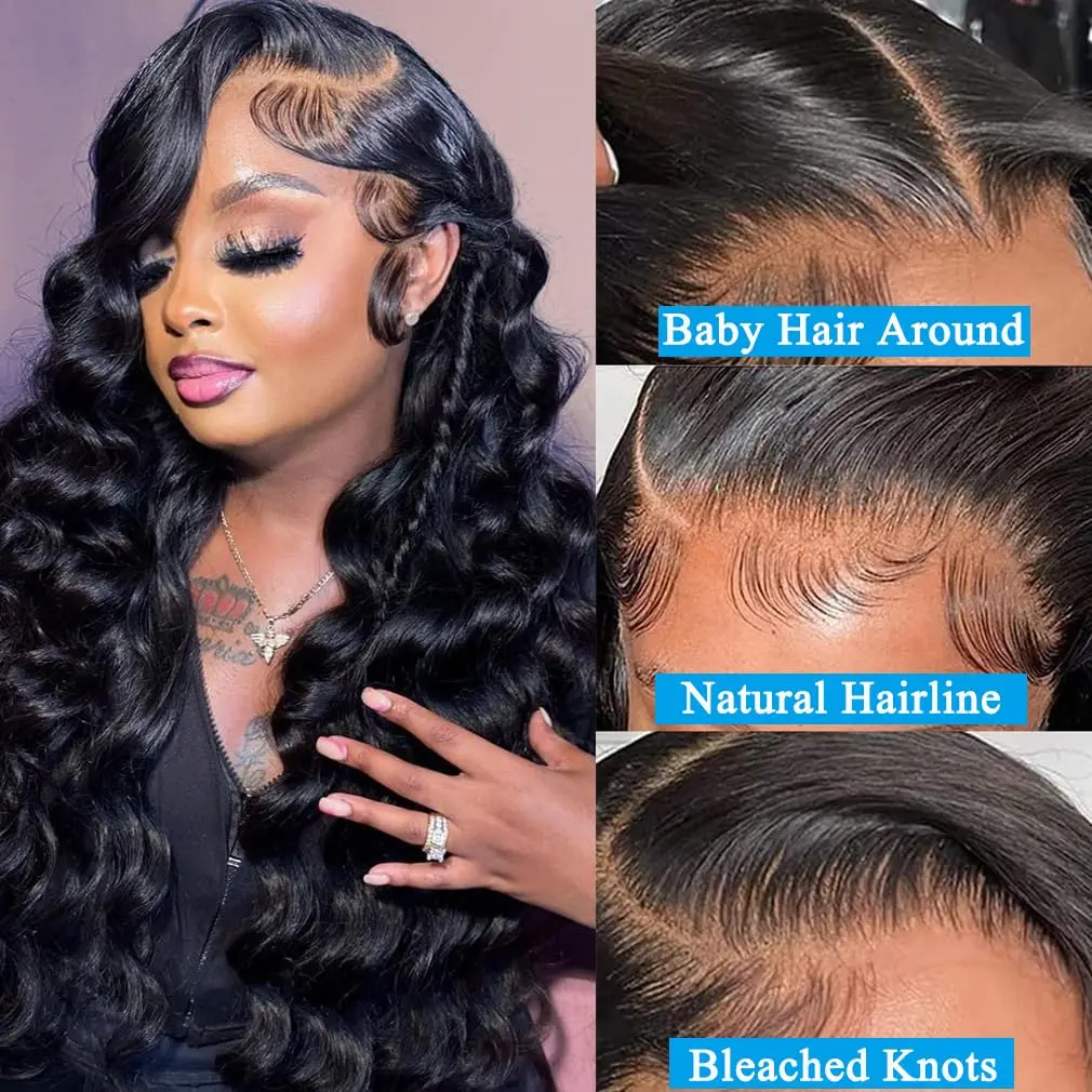 Body Wave Bundles with Frontal Human Hair Brazilian Real Virgin Hair 3 Bundles with 13x4 HD Lace Frontal Natural Black 3 Bundles