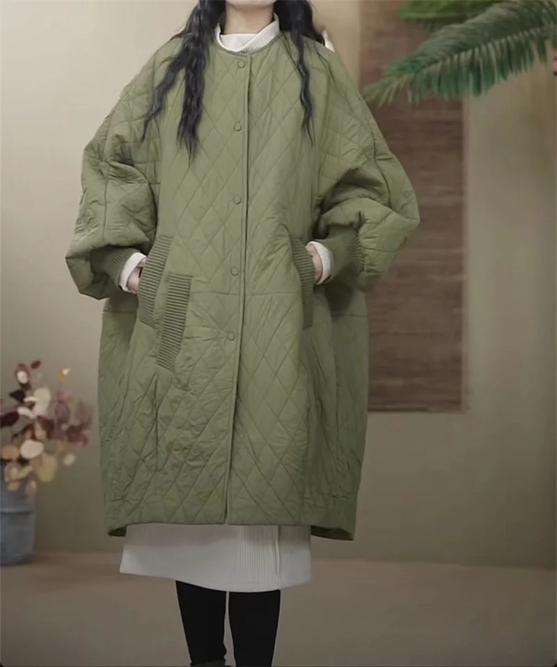 Oversized Diamond Plaid Down Cotton Jacket 2025 European Women Coat Long Lightweight Cotton Jacket Winter Parka New Coat Female