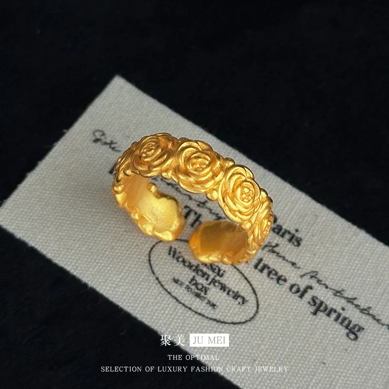 

Women's Rose Open Ring, 24K Gold, AU999 | Solid gold 3D rose with diamond center, "Love" engraving inside.