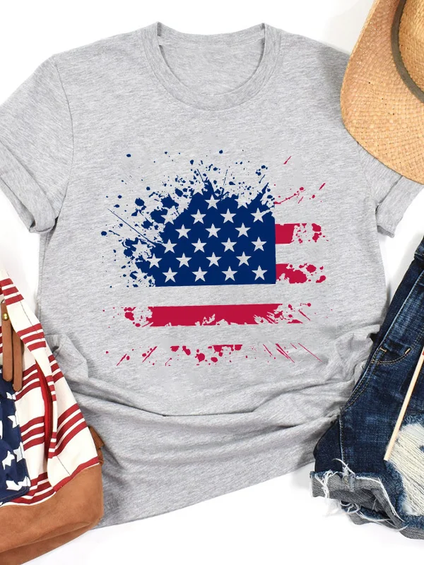 

New Fashion Independence Day Women T-shirt Trend Painted Graffiti America Flag Print Female Shirt Hot Sale All Match Girl Tee