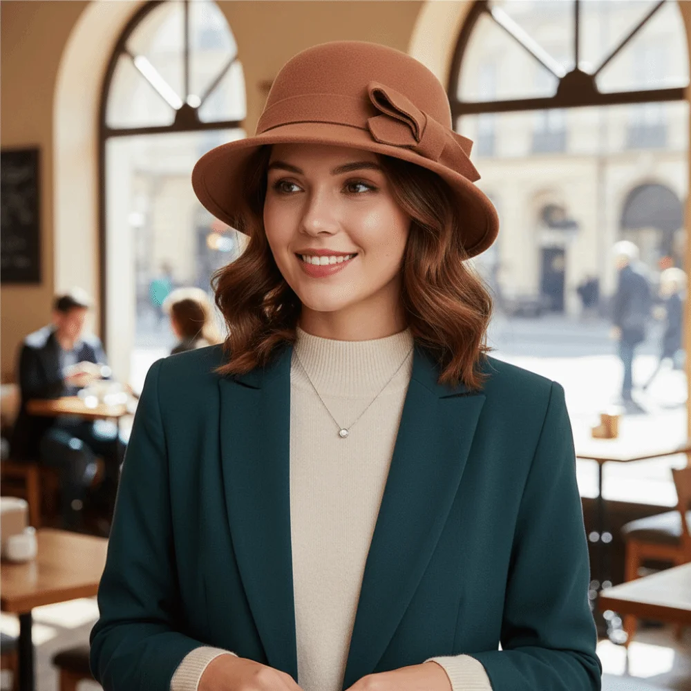 Vintage Felt Wool Bucket Hat Bow French Style Mourning Cap Flat-top Hepburn Style Panama Hat Church