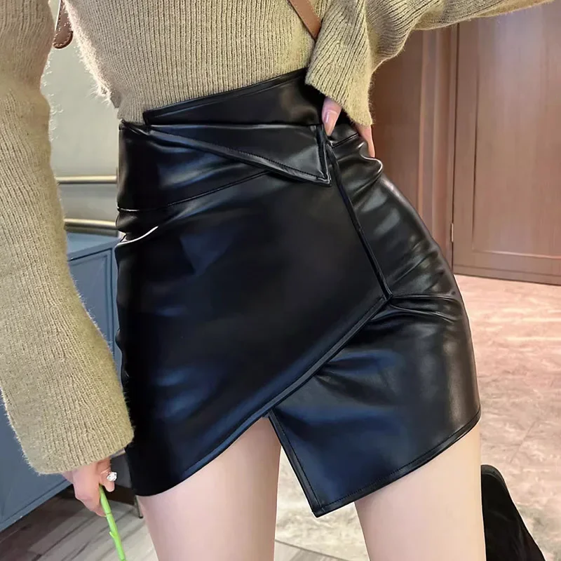 Women Skirt Korean Version Solid Color High-Waisted Irregular Design Pu Leather Slim Sexy With Safety Pants Dress