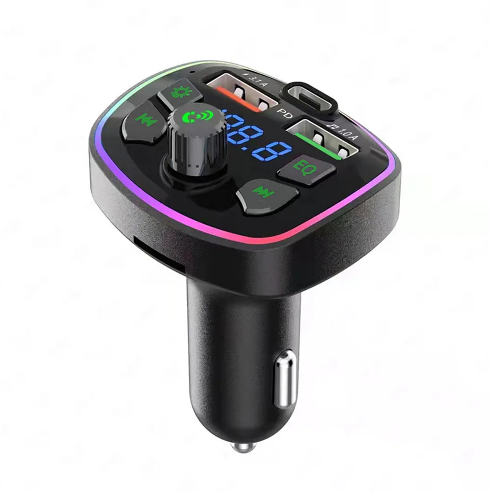 Car Bluetooth Cigar Lighter Radio FM Transmitter PD 18W Type-C Dual USB 3.1A Colorful Ambient Light Charger MP3 Music Player