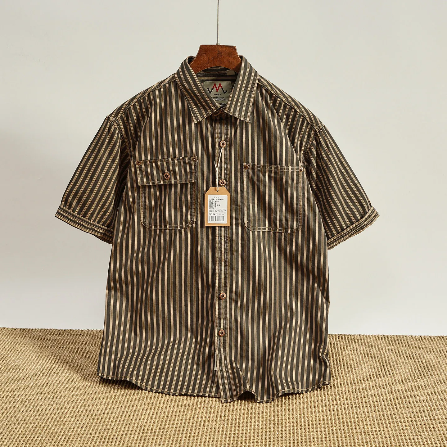 

2026 Summer New American Retro Stripe Short-Sleeve Turn-down Collar Shirt Men's Simple Fashion Washed Multi-pocket Casual Blouse
