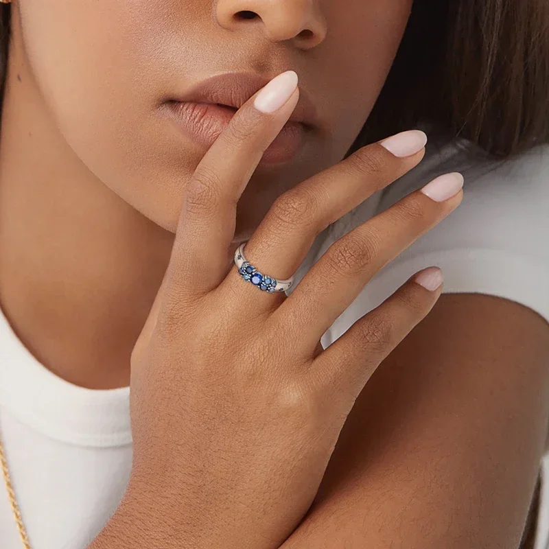 Real 100% Pink Blue Zircon Sparkling Rings for Women Fine Jewelry Anniversary Gifts 925 Sterling Silver image 6