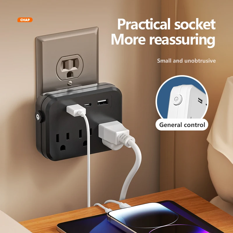US Switch with surge protector Mini Portable Power socket 6-in-1 Multifunctional 3 sockets 2 USB ports 1 Type-C white/black view 3