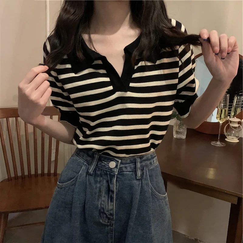 حجم كبير بالإضافة إلى حجم المرأة بولو الرقبة مخطط قصيرة الأكمام تريكو الصيف التخسيس الأعلى للفتيات الثقيلة XXL XXXL 3XL 4XL كبير...