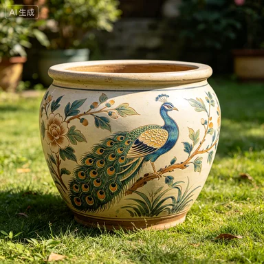 Antique Chinese hand-painted peacock pattern large size outdoor ceramic flower pot