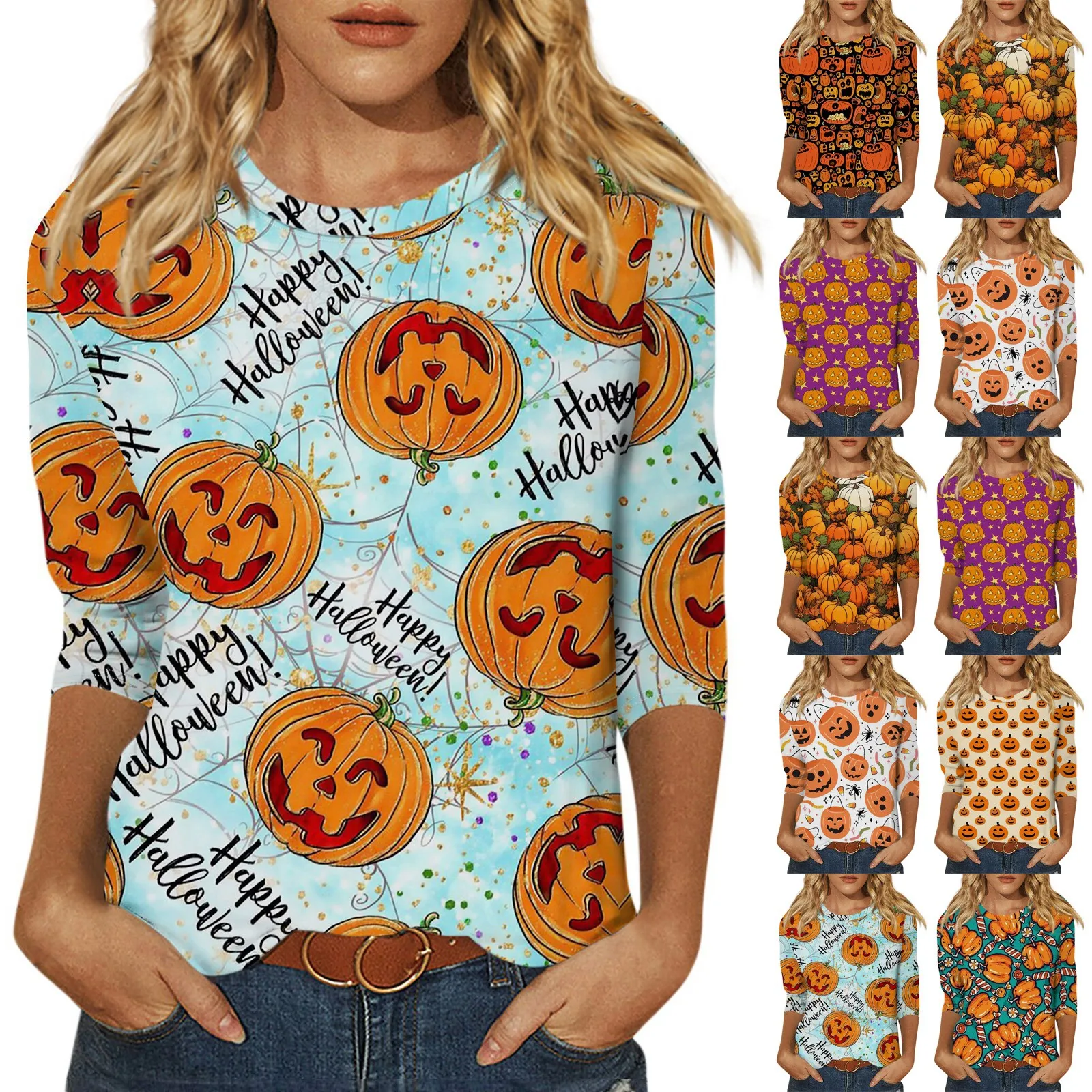 Moda damska Casual Round Neck 3/4 Sleeve Loose Halloween Printed T-Shirt Ladies Tops for Women Womens Tops and Blouses