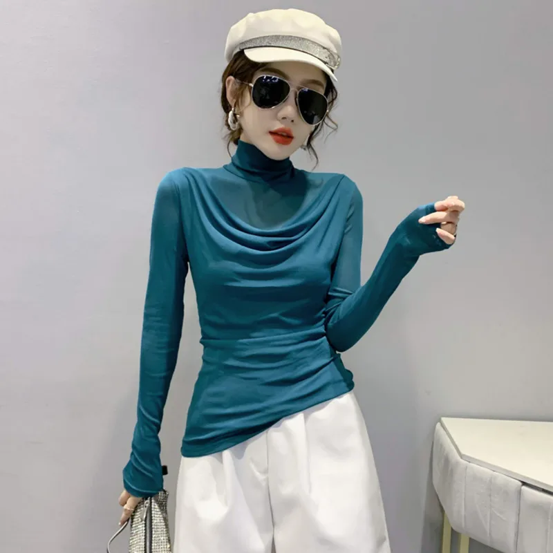 #8412 Spring Autumn Turtleneck T Shirt Women Solid Color Skinny Women\'s T-shirt Mesh Sleeve False Two Piece T Shirt Korean Style