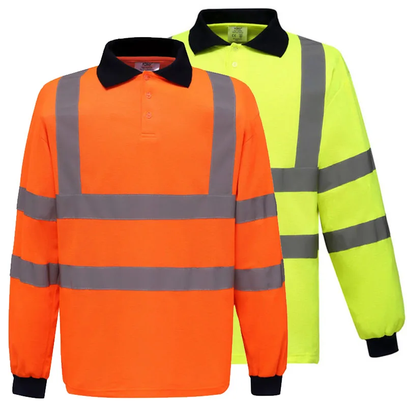 High Visibility Polo Shirt Long Sleeve T-Shirt Hi-Vis T-Shirt Long-Sleeved Work Shirt Reflective Warning Shirt