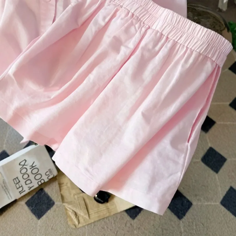 Sweet Shirt and Shorts Set Pink Long-sleeved Shirt Elastic Waist Shorts A Casual Versatile Women's Two Piece Set Summer Suit view 3