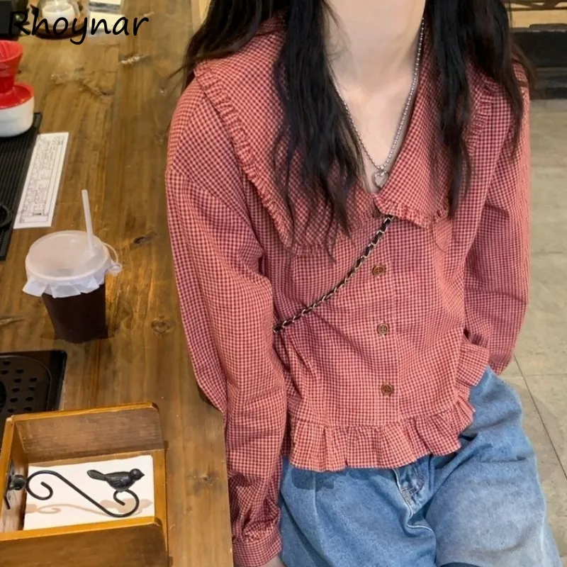 Peter Pan Collar Shirts Women Korean Style Red Plaid Tops Sweet Students Fungus Button Trendy Fashion Casual Daily High Street