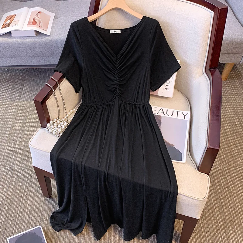 

150Kg Plus Size Summer Women's Bust 151 Loose Simple Temperament V-Neck Pleated Dress Black 5XL 6XL 7XL 8XL 9XL