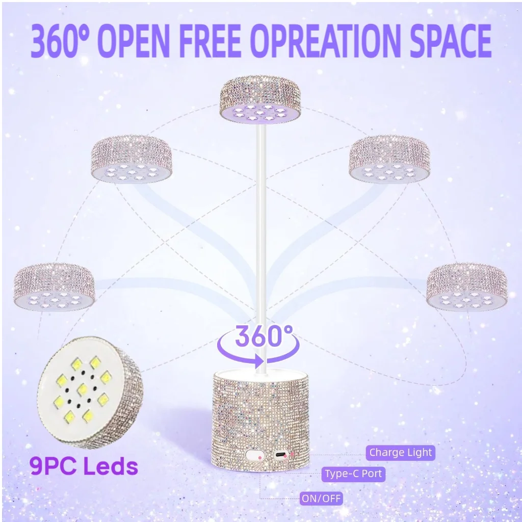 مصباح أظافر صغير قابل لإعادة الشحن 360 °   مجفف LED بالأشعة فوق البنفسجية قابل للدوران، مستشعر ذكي، مؤقتين، ضوء معالجة حجر الراين المحمول لتلميع الجل