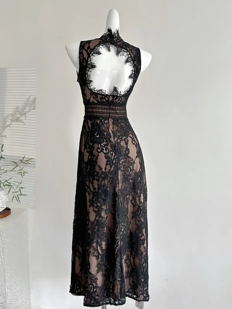 Sexy Sleeveless Lace Hollow Out Long Dress Women Black O Neck Cut Out Split Slim Backless Dresses Evening Party Cocktail Gowns