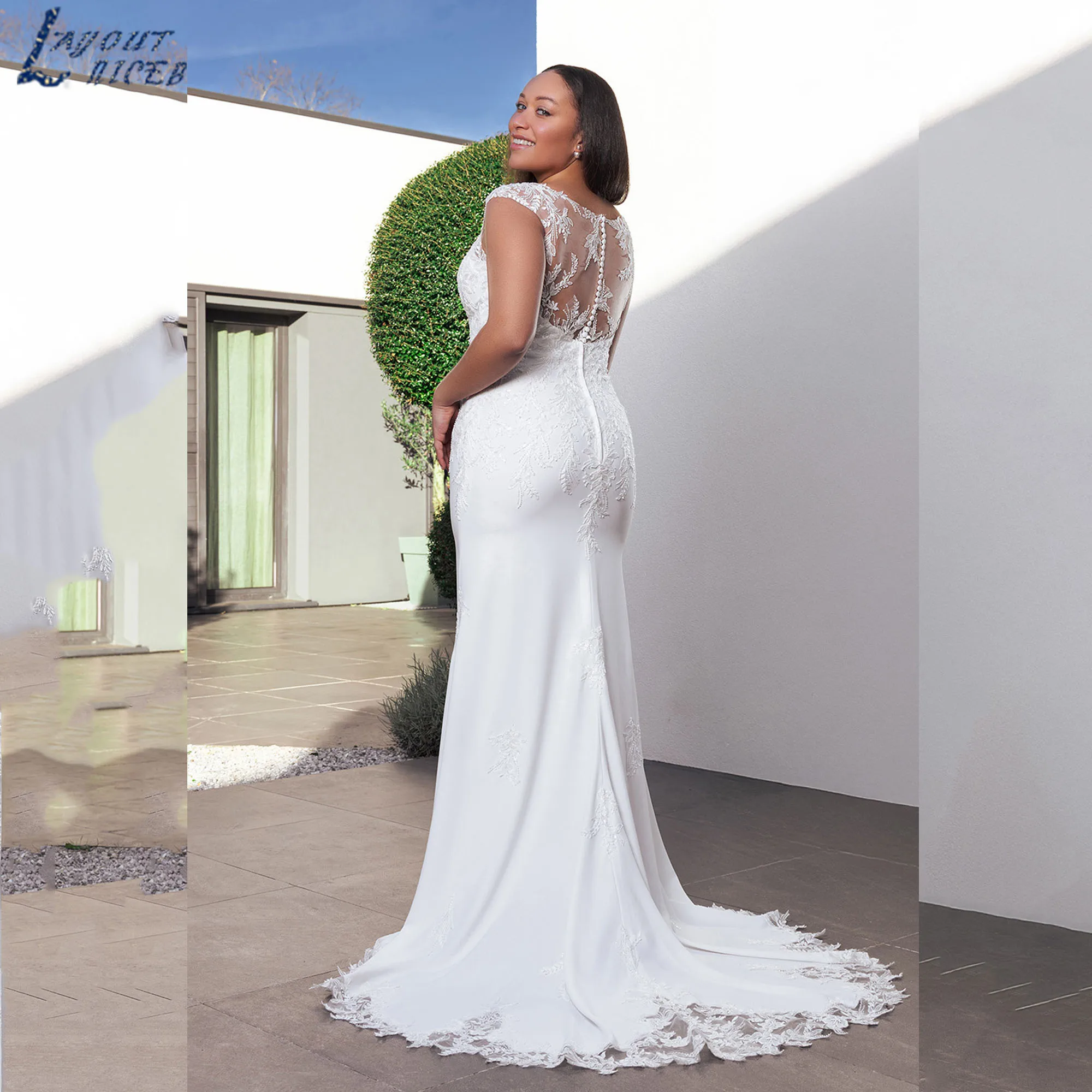 Plus Size Bride Dress Elegant Mermaid V-Neck Lace Appliques Wedding Dress Illusion Back Soft Satin vestidos de novia Customized