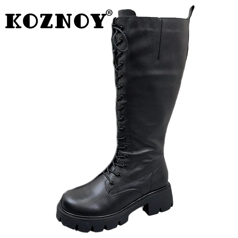 

Koznoy 4.5cm 2024 Natural COW Genuine Leather Autumn Flats Boots Women Chimney Booties Ladies Fashion Zip Knee High Spring Shoes