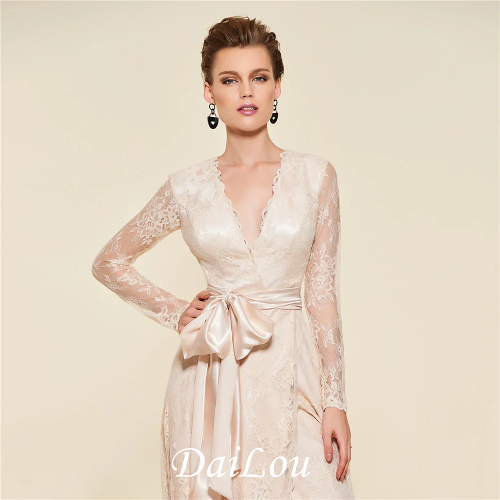 A-Line V-Neck Floor-Length Sashes Long Sleeve Sweep/Brush Train Lace Mother of the Bride Dress With Charmeuse 2022