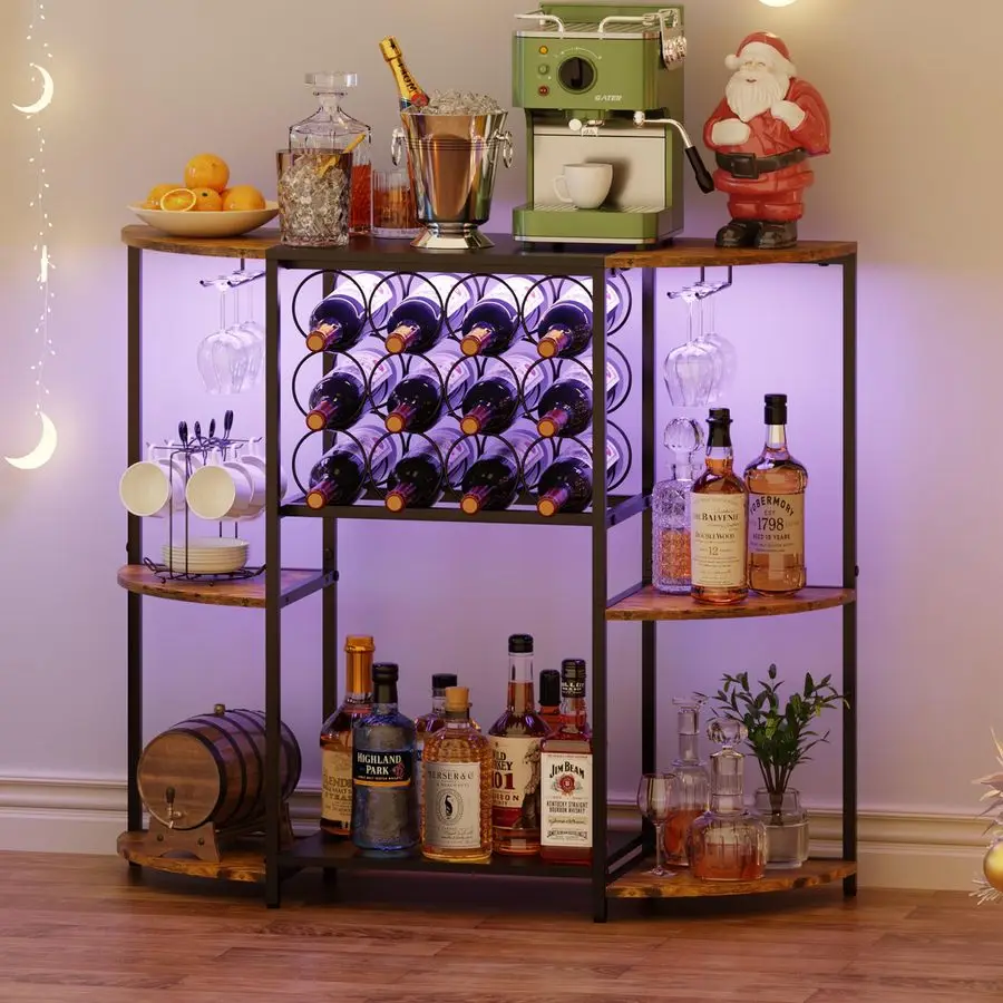 

Шкаф для винного бара со светодиодной подсветкой, мини-стойка для вина с местом для хранения и подстаканником, тележка для домашнего бара для спиртных напитков, 3-уровневый барный стол для K