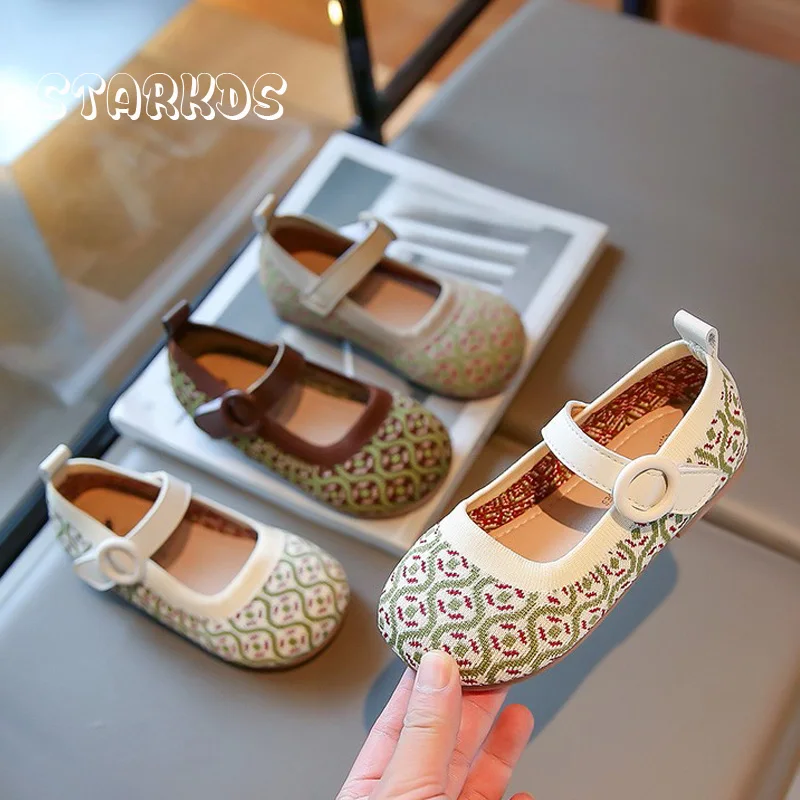 Vintage Green Jacquard Shoes Girls Breathable Knitted Ballet Flats Baby Kids Retro Elegant Floral Mary Jane Loafer Zapatos