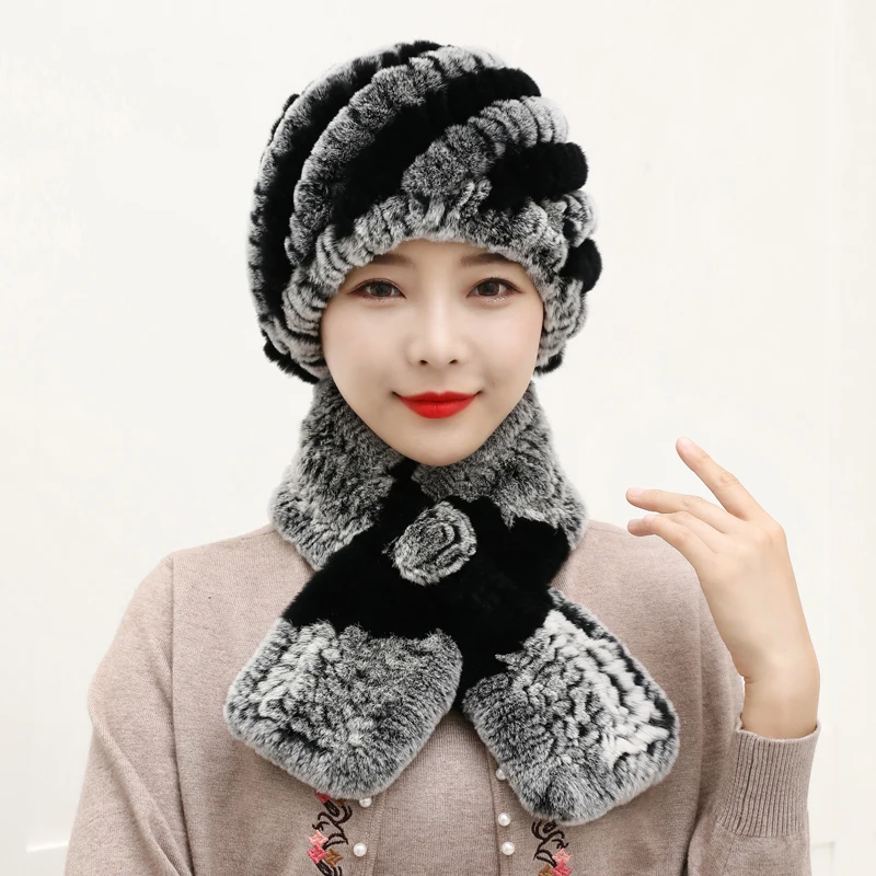 Winter Knitted 100% Natural Fur Hats Scarves Sets Women Warm Real Rex Rabbit Fur Hat Scarf Lady Fashion Thick Rex Rabbit Fur Hat