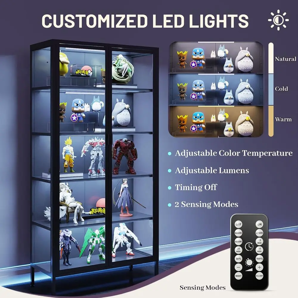 71 High Glass Display Cabinet with LED Sensor Lights, Adjustable Shelves for Living Room, Bedroom, or Kitchen view 3