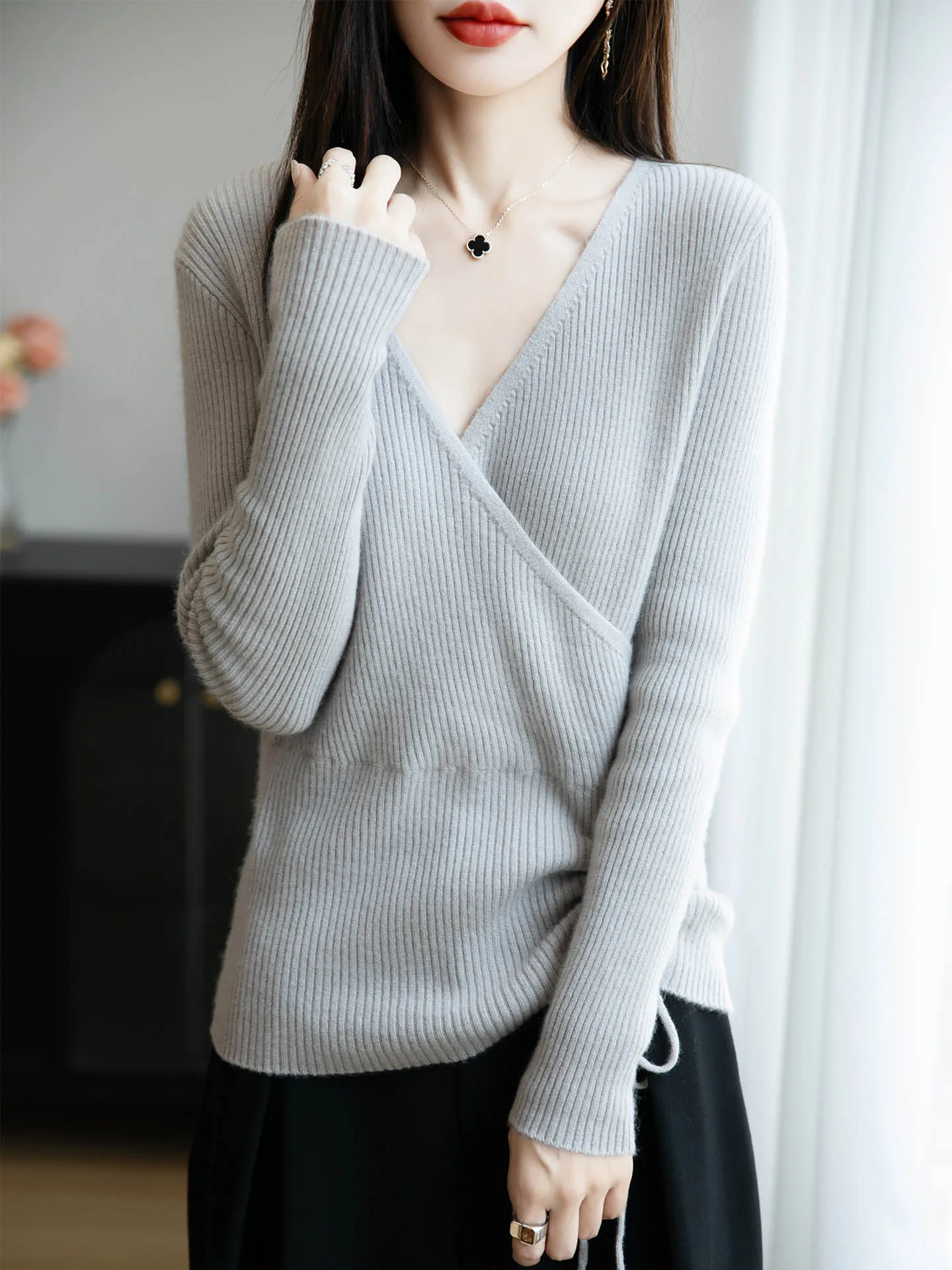 

Новый женский свитер из 100% мериносовой шерсти, вязаный свитер с v-образным вырезом и длинными рукавами, осенне-зимний кашемировый пуловер, тонкие джемперы, топ