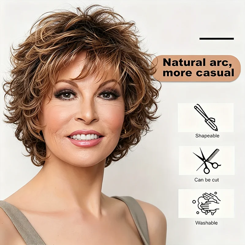 Chestnut Gold Ombre Loose Short Synthetic Wig for Middle-Aged and Elderly Mothers, Easy to Maintain Textured Curls, Halloween