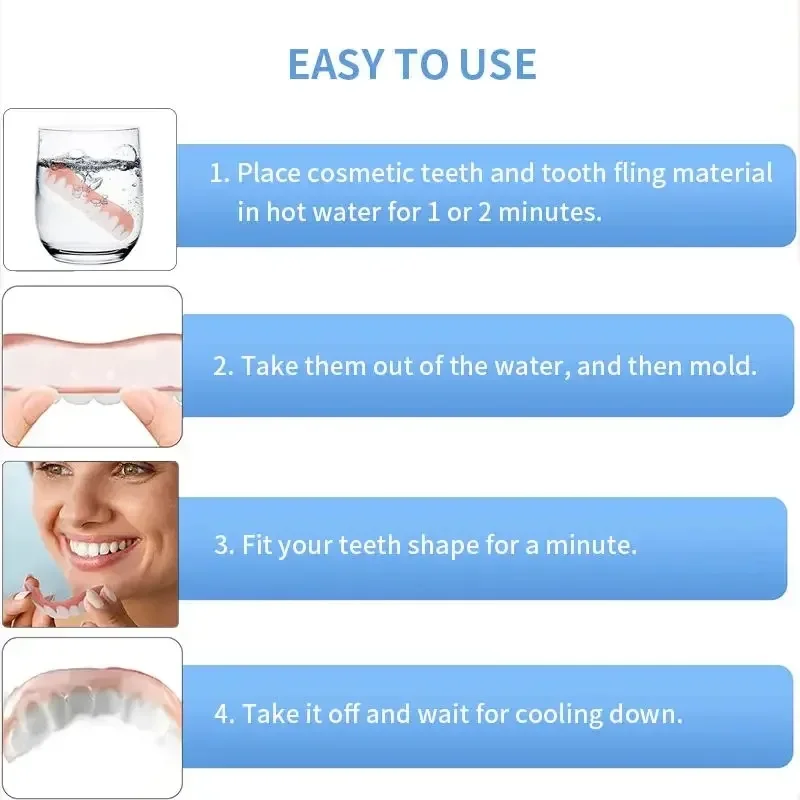 Dentes falsos sorridentes confortáveis com cola de enchimento, folheados superiores e inferiores descartáveis, maquiagem temporária