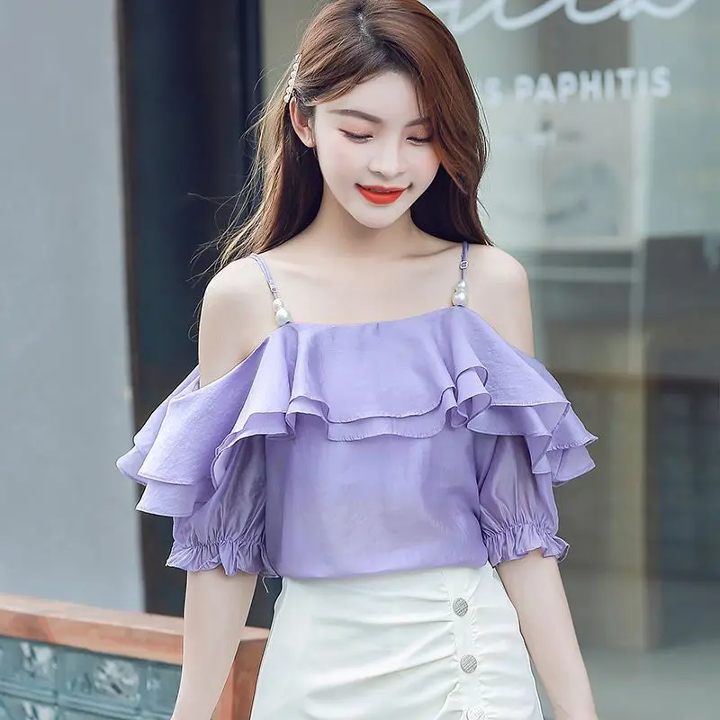 Sweet Slash Neck Ruffles Off Shoulder Beading Slip Blouses Female Clothing 2024 Summer Loose Korean Tops Princess Sleeve Shirts