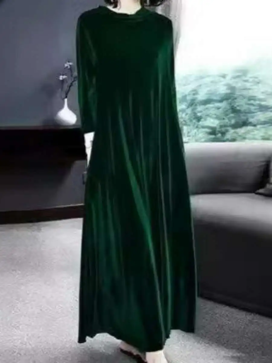 Ele Velvet Dr مع ياقة واقفة طويلة Sve متوسطة الطول لتخسيس البطن تغطي ربيع الخريف Faion Sweet Sle A-Lin...